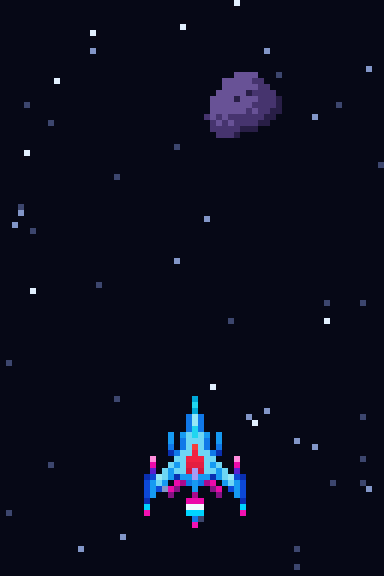 The Arcadia starship dodging asteroids and blasting glitch creatures